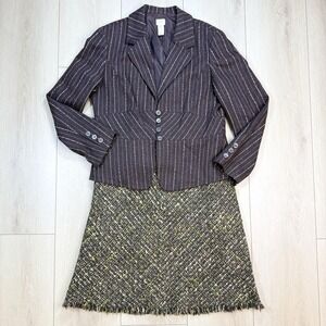 VTG J. Jill Wool Skirt Suit‎ Set 14 Blazer Tweed Career Hong Kong Y2K Brown